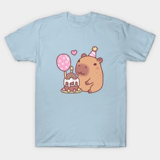 Cute Capybara Rainbow Birthday Cake And Balloon T-Shirt